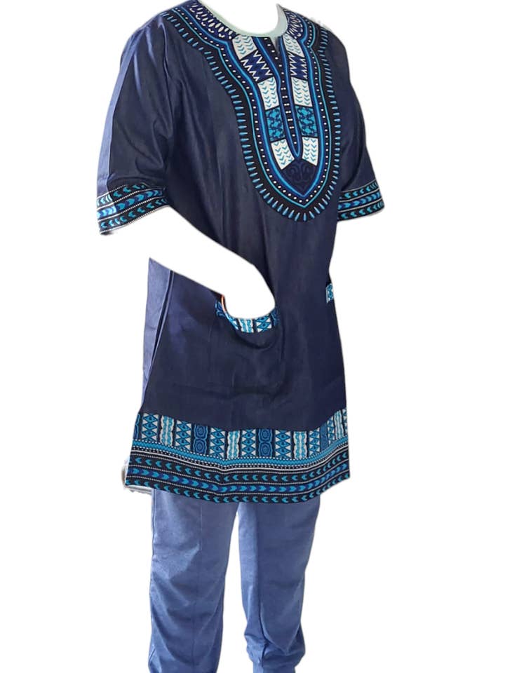 Tunic Shirt / Men Denim Dashiki With Kufi Hat- Blue for wholesale by India Batik