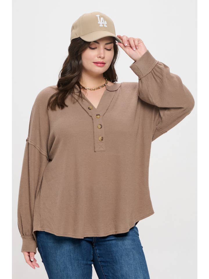 Blu Pepper - Wholesale Knit Top - Women's - PLUS V NECK HALF BUTTON LONG SLEEVE KNIT TOP