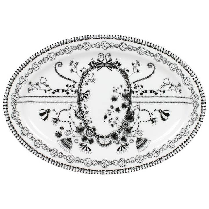 Heritage Lace - Wholesale Platter - Porcelain Oval Platter - 9 in X 12 in Black White Set of 4