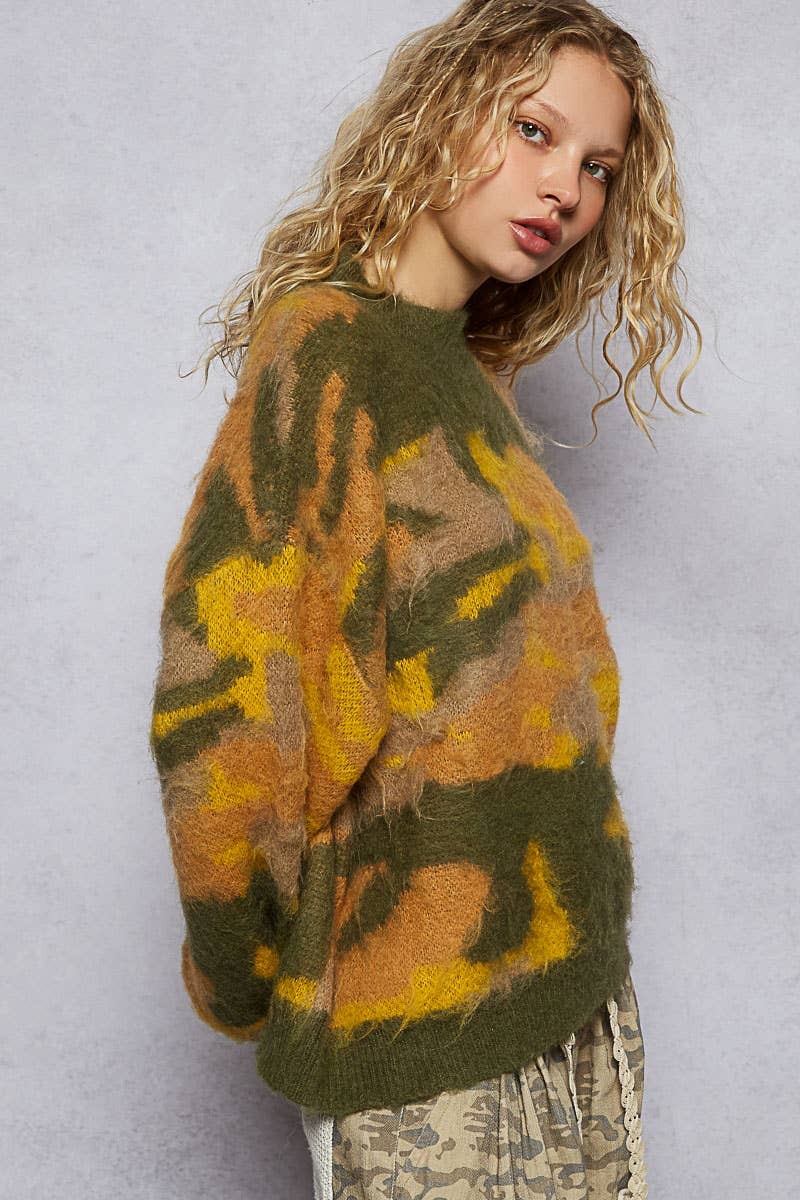 Pol Clothing - Vente Pull en maille – femme - Pull en mohair à manches longues avec blocs de couleur abstraits en solde5