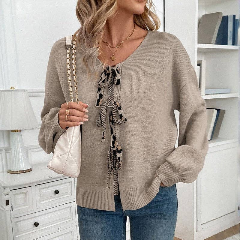 Abricot Cardigan à col en V imprimé léopard en vente sur Faire2