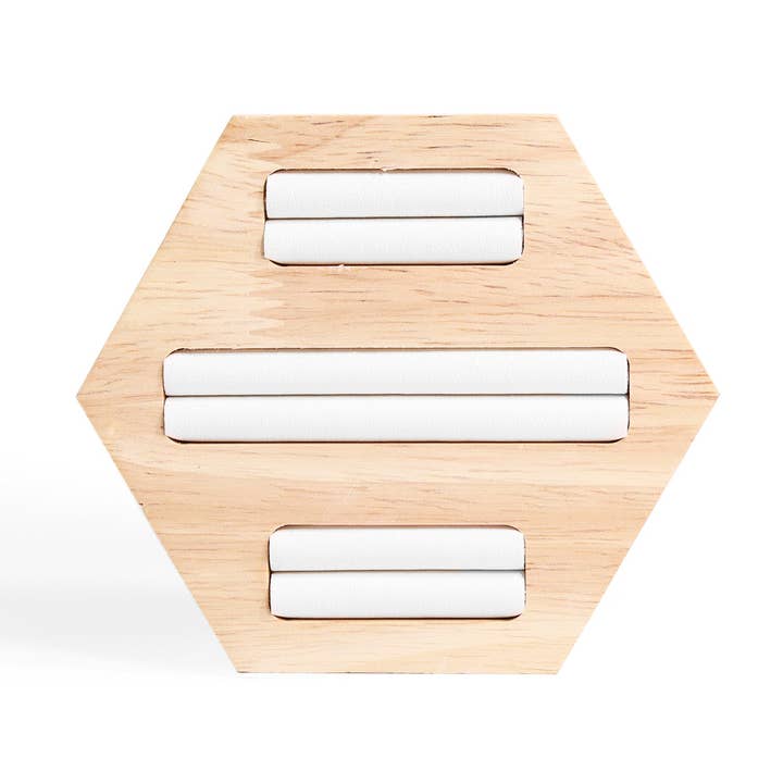 Natural Wood & Leather Hexagon Ring Display for wholesale by WJW