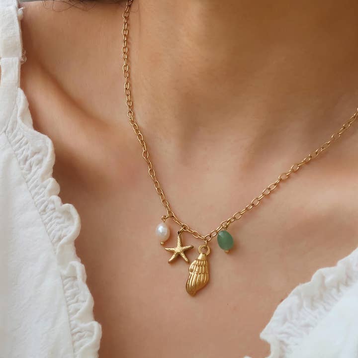 Bonbon 18K Gold Non-Tarnish Pearl and Shell Charm Necklace for wholesale on Faire2