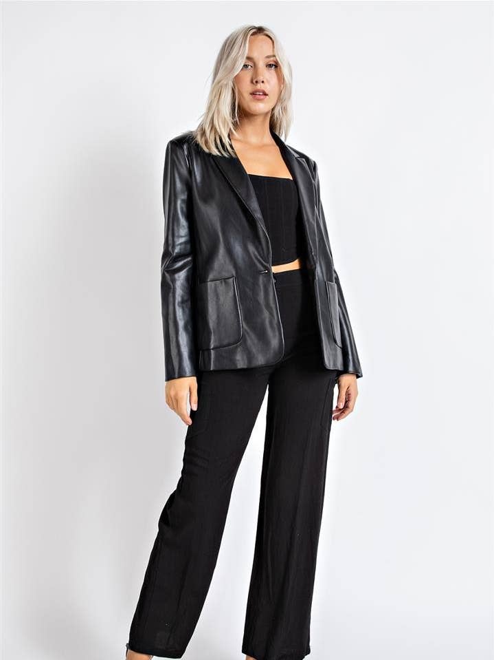 BLK Cj2151 Faux Leather Blazer W/ Padded Shoulder for wholesale on Faire
