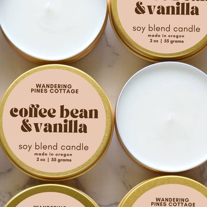 Coffee Bean and Vanilla - 2 oz Gold Tin Travel Candle for wholesale by Wandering Pines Cottage