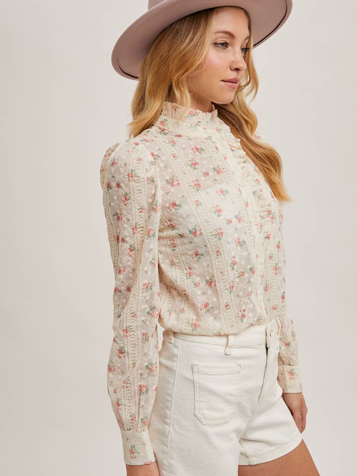Bluivy - Wholesale Button Down Shirt - Women's - FLORAL PRINT BUTTON DOWN RUFFLED MOCK NECK BLOUSE