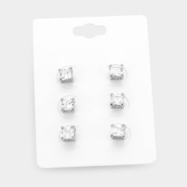 Sensibling Corp. - Wholesale Stud/Post Earrings - 3Pairs - Square Stone Stud Earrings