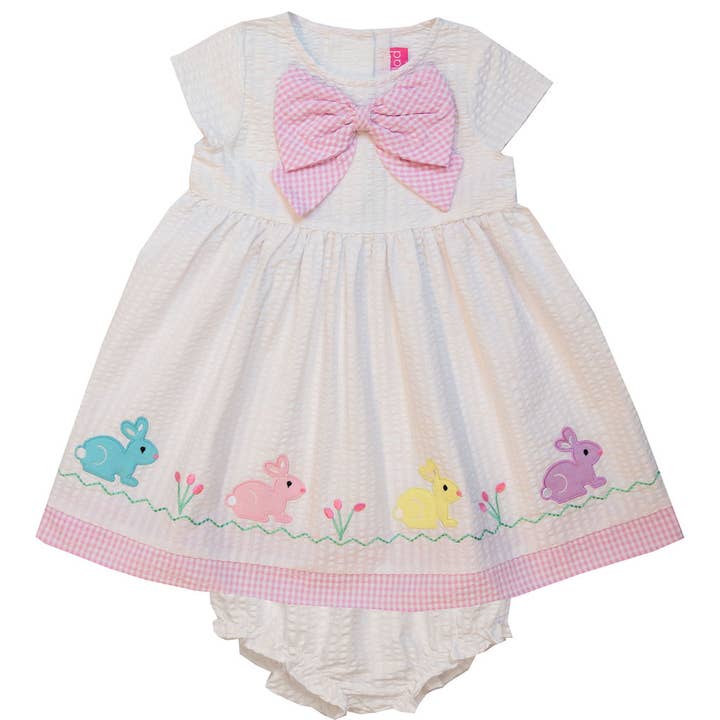 Infant Girls White Seersucker Dress with Bunnies for wholesale by Good Lad Apparel