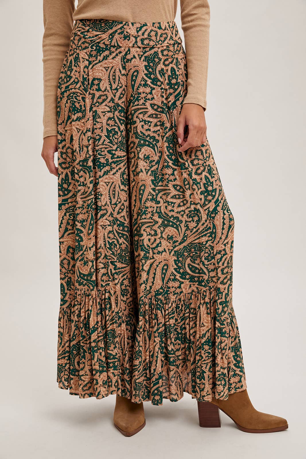 Bluivy - Wholesale Pants - Women's - PAISLEY PRINT WIDE RUFFLED PANTS