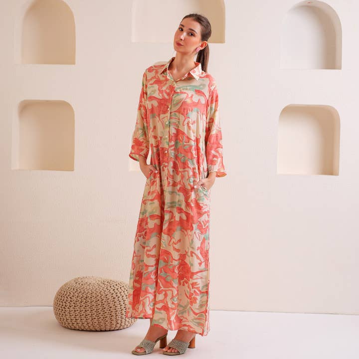 Abito Boho Astratto Rosso con Bottoni per la vendita all'ingrosso da parte di Letoz