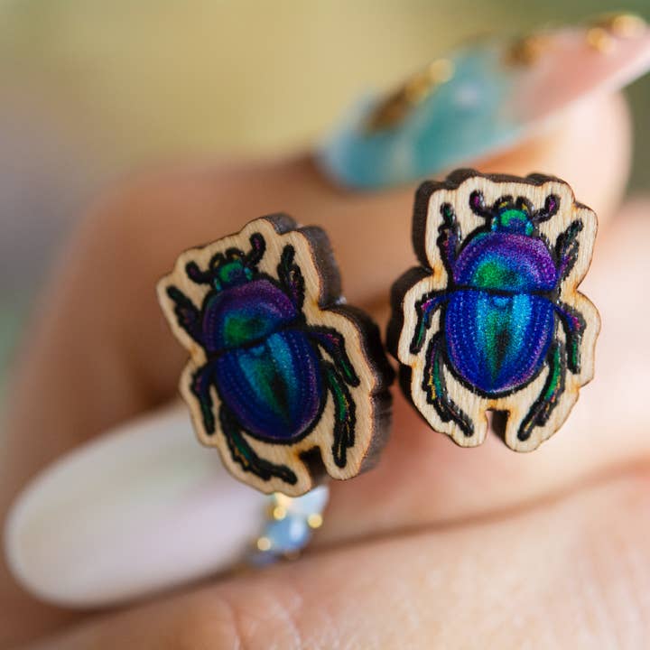 Dung Beetle Wooden Earrings, Insect Titanium Eco Studs for wholesale by The Slug And Kraken