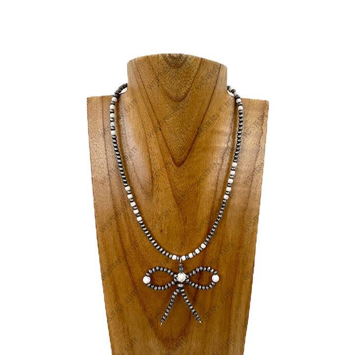 NKY251231-35 16 '' Silber Navajo-Perlen und weiße Steinperlen mit Fliege Halskette für den Großhandel von Western Elite Jewelry