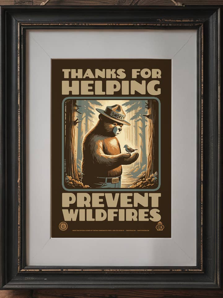 Smokey Bear & Bird Prevent Wildfires Retro Art Print 12"x18 for wholesale by Giant Step Design Co.