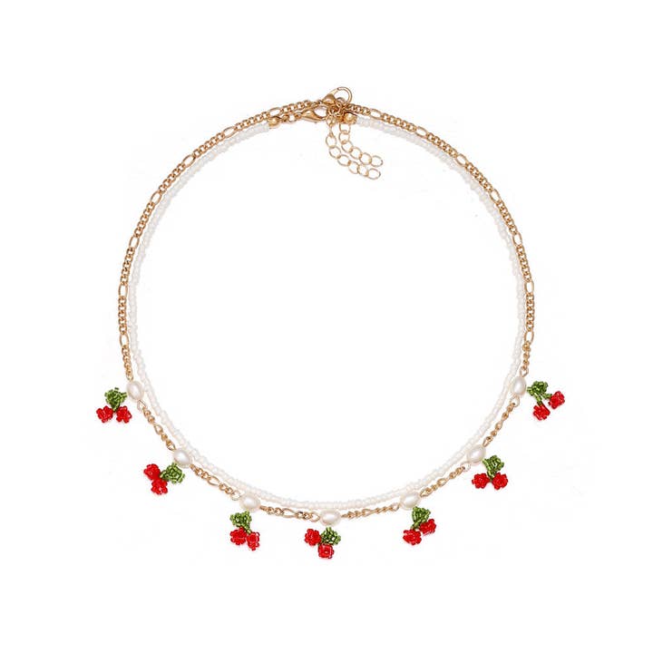 Pearl Cherry Hand-woven Cherry-shaped Double-layer Choker Necklace for wholesale on Faire