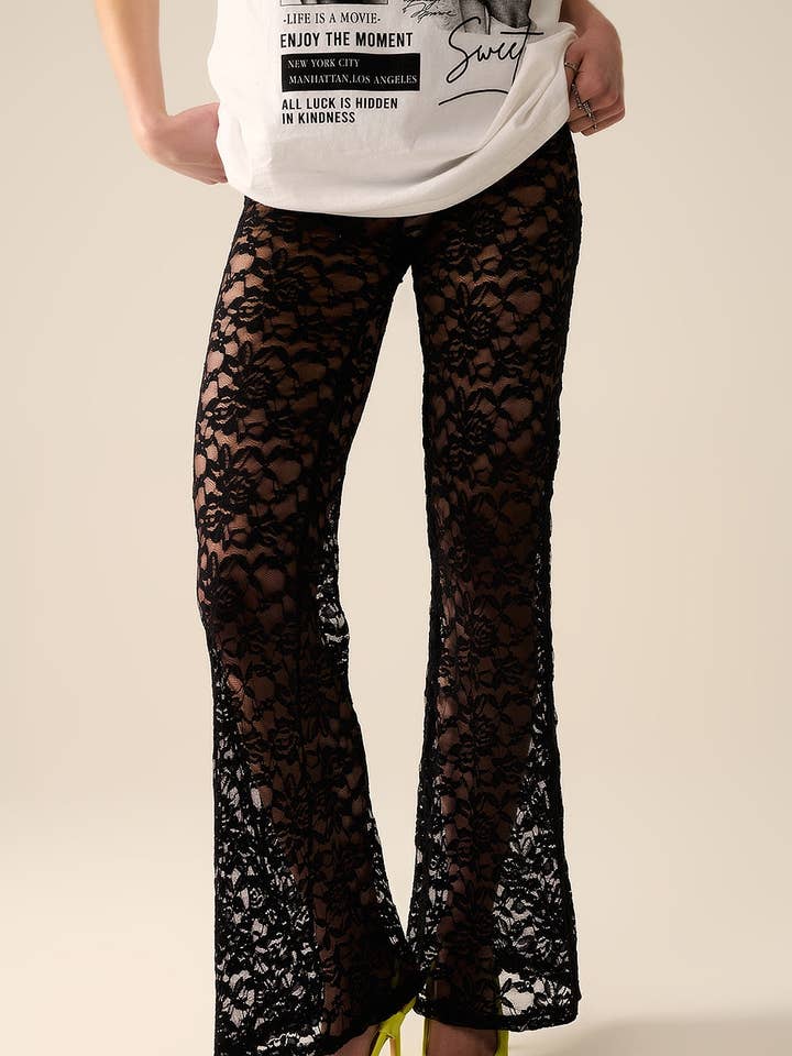 black flare Pants in Floral Lace for wholesale by Q2—All Orders:Free Duties for the US,UK,and Canada