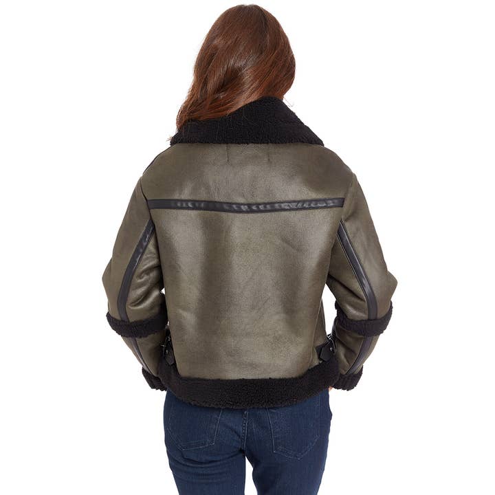 Olive Faux Shearling Bomber Jacket with Zipper and Spread Collar for wholesale on Faire