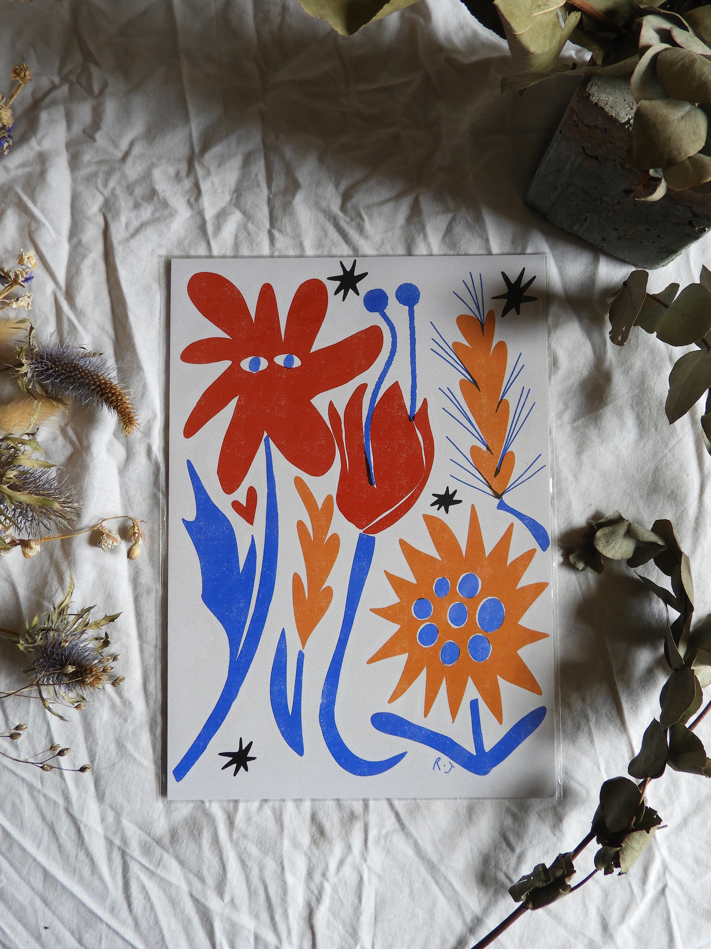 Rebecca Joy Ltd – wholesale Art print – 'Flower Bush' | Floral | Playful | Retro | Risograph Style Print1