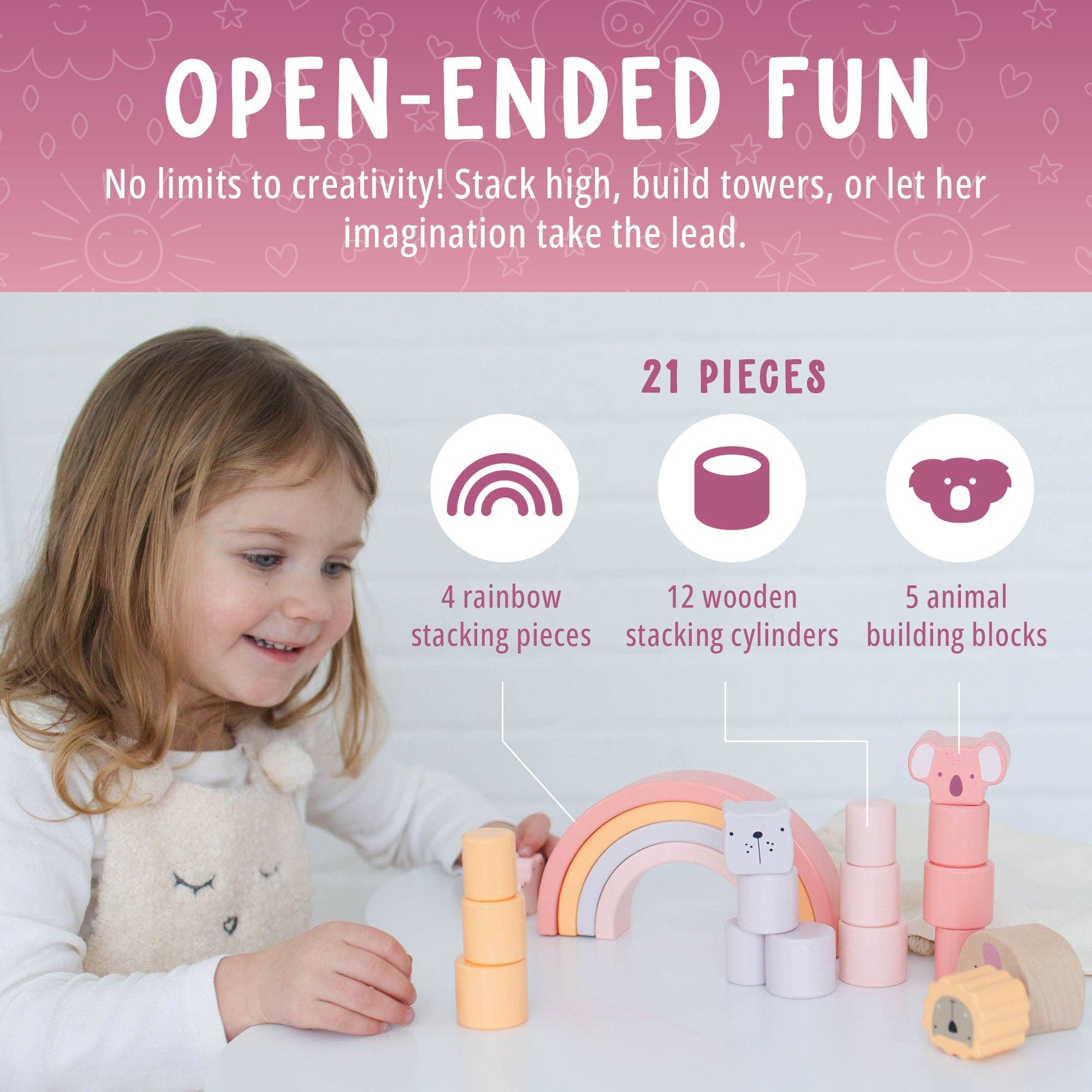 Spirit 'N Sprout - Wholesale Stacking Rings Game - Baby - Pink Animal Stacking Set - 21 Pieces included with Storage Bag - Wooden Rainbow Stacker Gift for Girls5