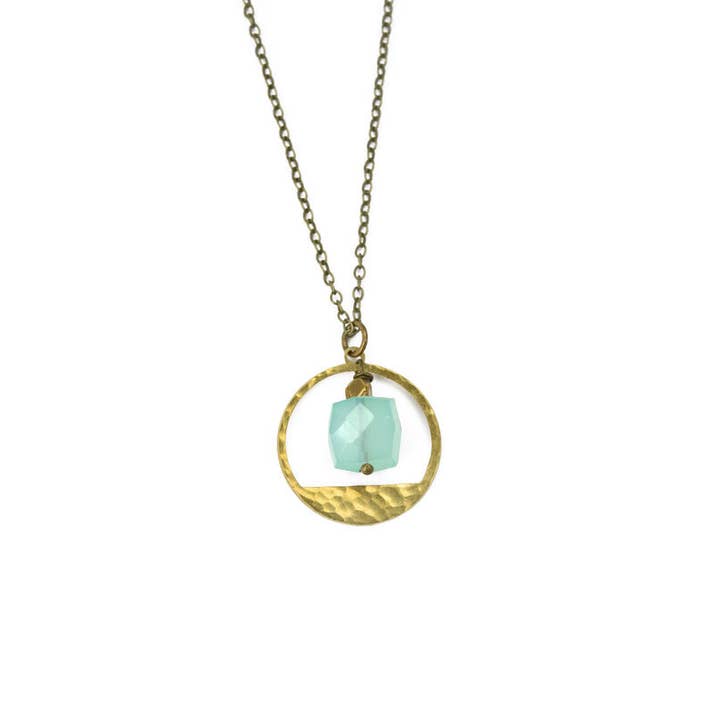 Seafoam Chalcedony Inside Hammered Geometric Circle Necklace for wholesale by Edgy Petal Jewelry