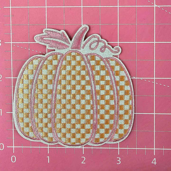 Scratch Decor - Wholesale Patch - Checkered Orange and Pink Pumpkin Embroidery Iron On Patch2