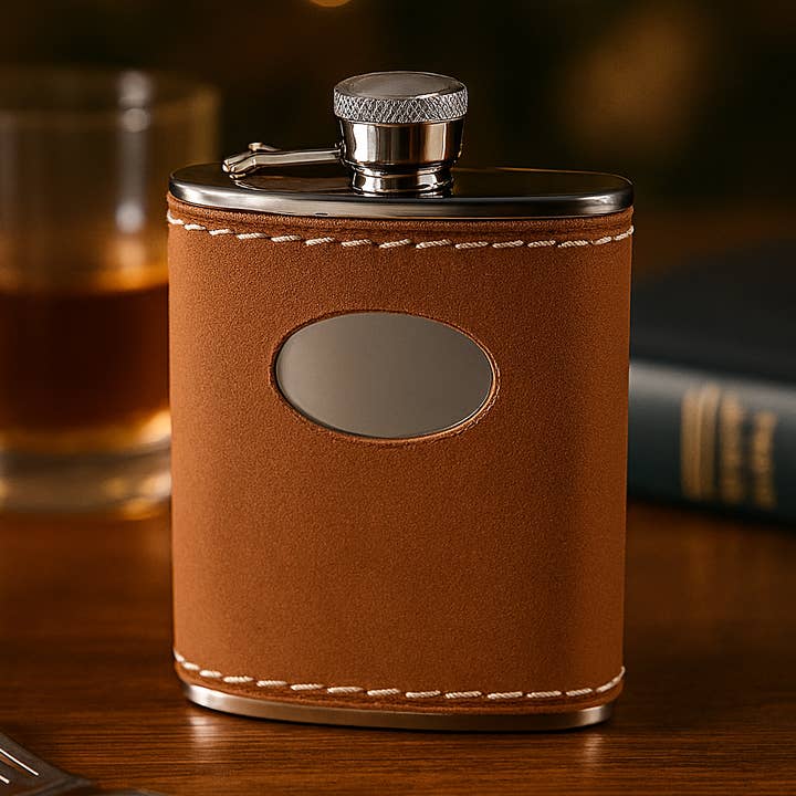 Hip Flask Captive Top Stitched Tan Leather/Stainless 6 oz for wholesale by Corbell Silver