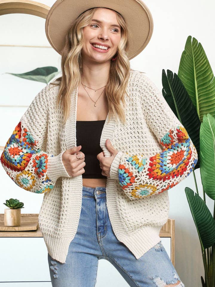 Madelyn - Wholesale Cardigan - Women's - LESW3577- MULTI COLOR SLEEVE CROCHET CARDIGAN