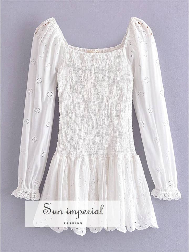 Women Plain White Long Puff Sleeve Elastic Ruched Mini Dress for wholesale by Sun Imperial