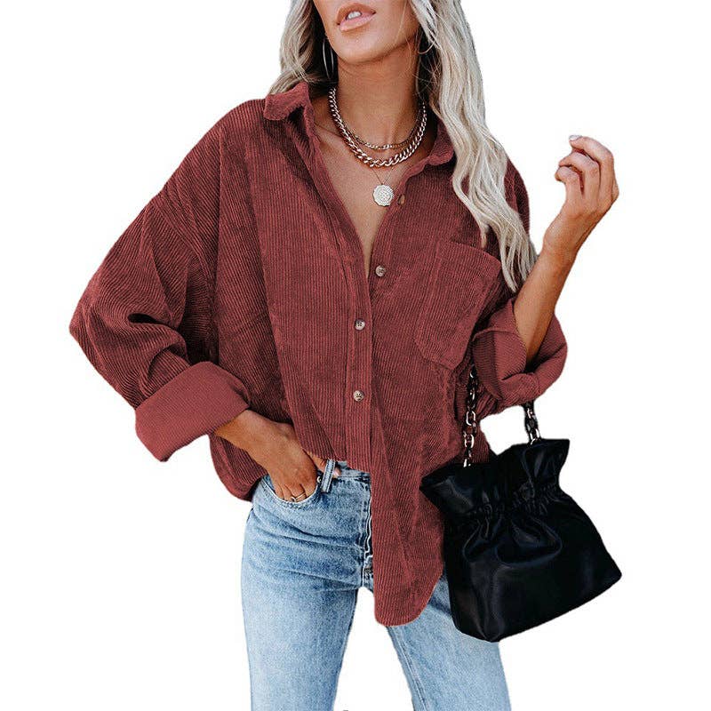 Lovesoft - Wholesale Button Down Shirt - Women's - Women's Solid Color Loose Casual Corduroy Shirt7