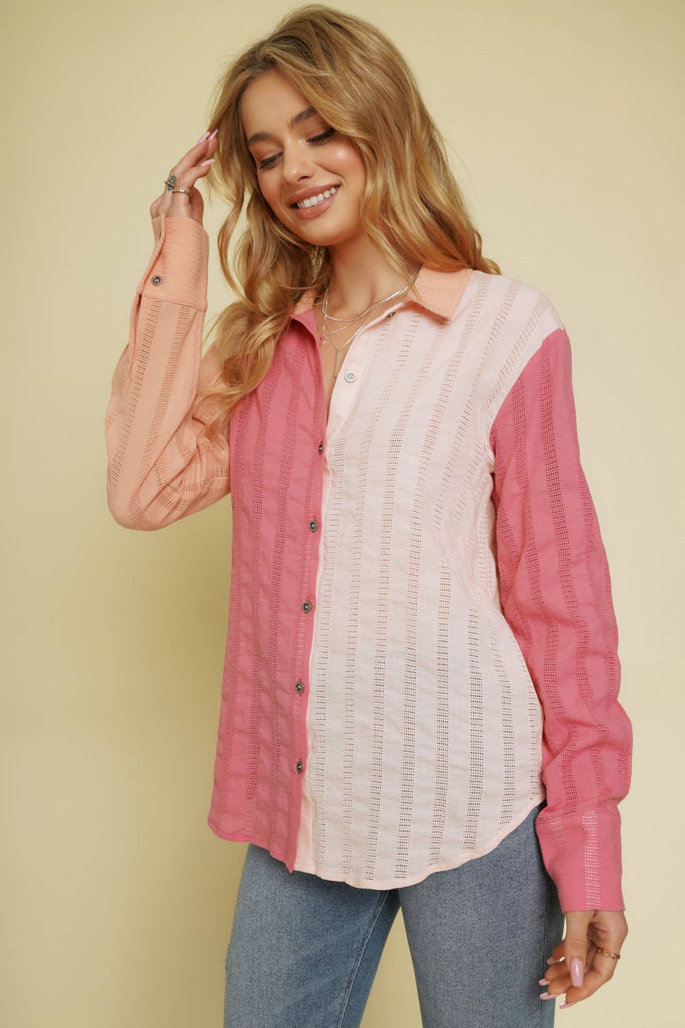 Berry Peach 55950 Color Block Button Down Shirt for wholesale on Faire2