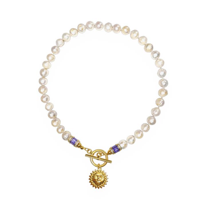 Collier de perles Golden Sun avec cristaux d'améthyste pour la vente par MOC Atelier