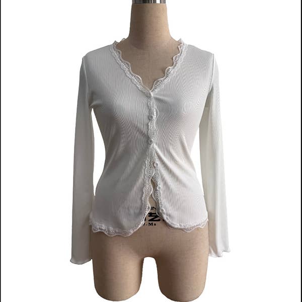 Hope & Sunshine - Vente Haut en maille – femme - Haut à col en V avec cardigan côtelé et bordure en dentelle1