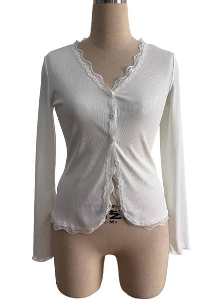 Hope & Sunshine - Vente Haut en maille – femme - Haut à col en V avec cardigan côtelé et bordure en dentelle1