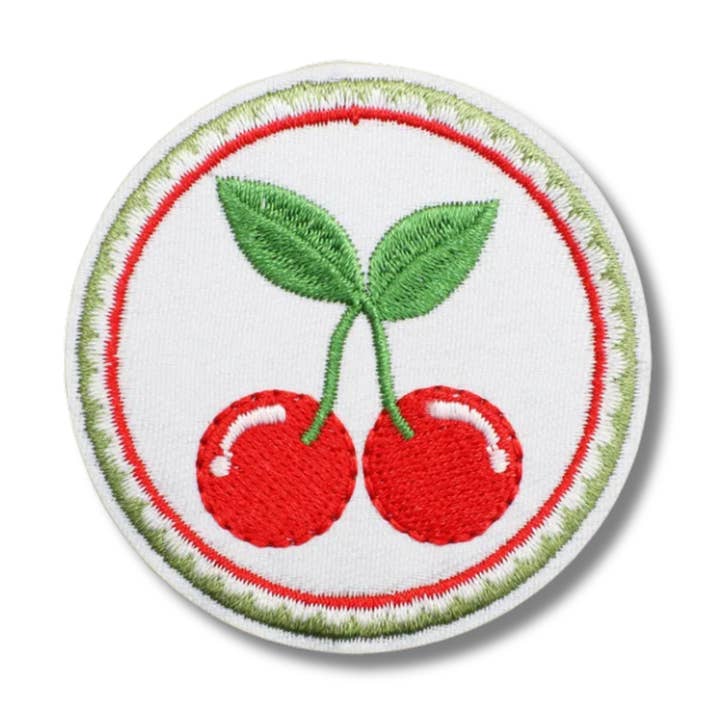 Cherry Round Embroidered Iron On Patch for wholesale by Love, Paige Designs