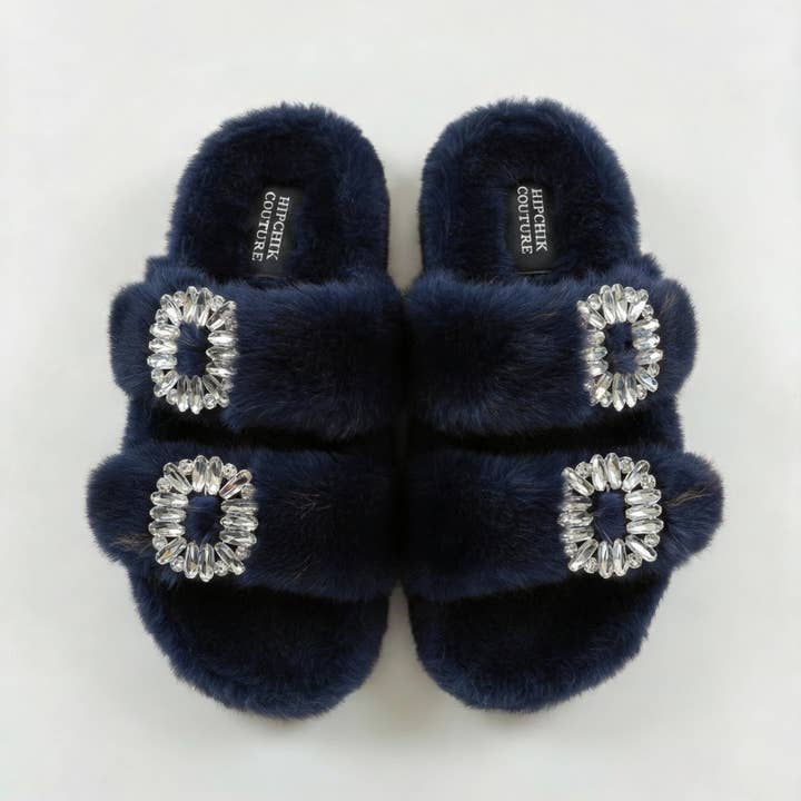Mink Slide Sandaler med Krystalspænde Mørkeblå for engroshandel hos Hipchik