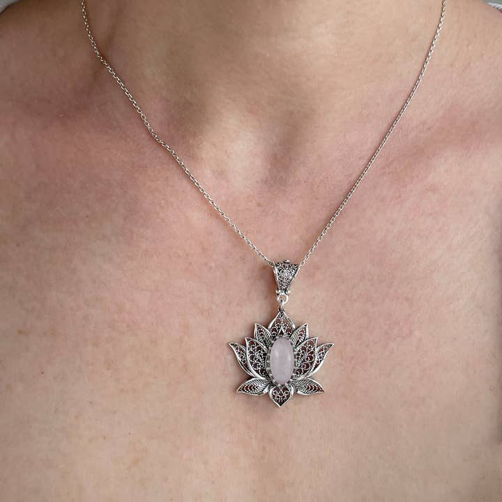 Filigranist Jewelry - Wholesale Pendant/Charm Necklace - Sterling Silver Filigree Lotus Rose Quartz Gemstone Woman Pendant Necklace3