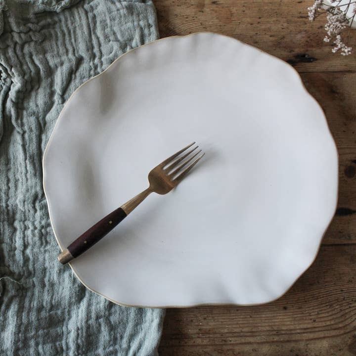 White Ceramic Dinner Plate Reactive Glaze Irregular Shape for wholesale by Rose Brown Interiors