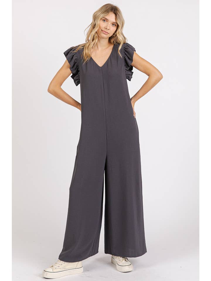 mittoshop - Wholesale Jumpsuit - Women's - AIRFLOW V-NECK RUFFLE SLEEVE WIDE LEG JUMPSUIT