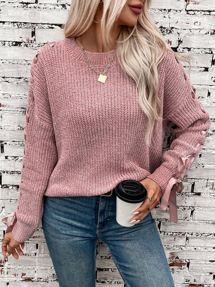 Rosa Clothing - Wholesale Knit Sweater - Women's - Loose-Fitting Casual Lace-Up Long-Sleeved Knit Sweater