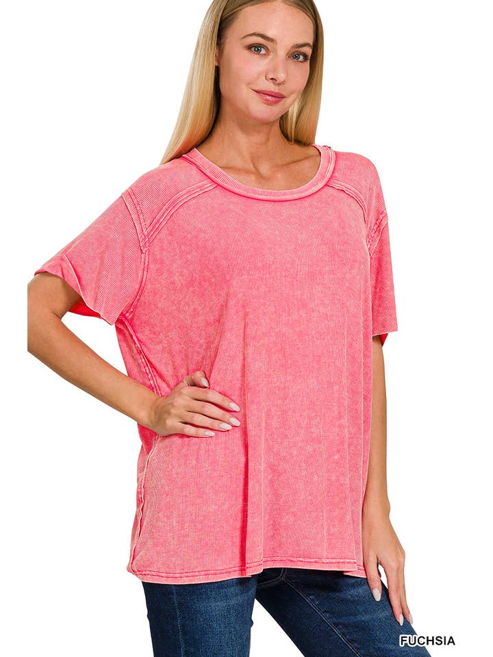 42POPS - Wholesale Knit Top - Women's - `.Washed Ribbed Short Sleeve Boat Neck Top7