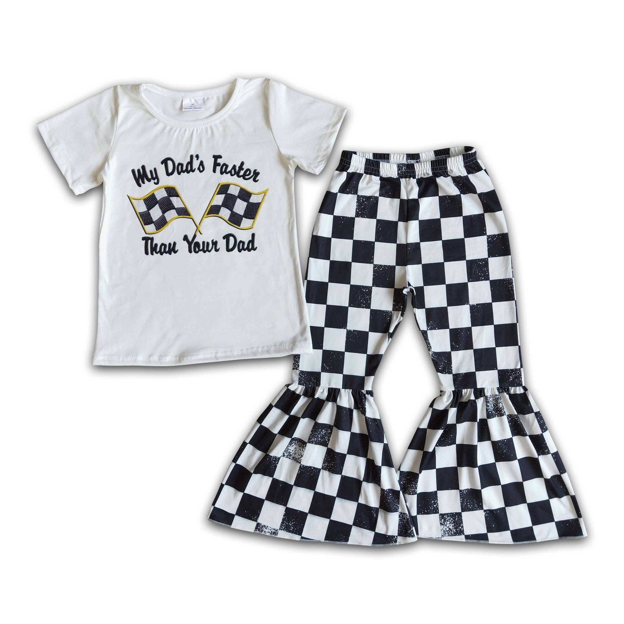 Yawoo Garments - Wholesale Top & Pant Set - Kids - My dad's faster than your dad flag shirt plaid pants girls c0