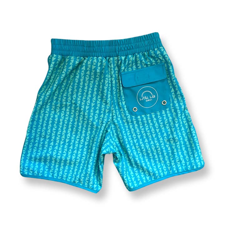 Surf Shorts in Peacock Blue Sharks Teeth for wholesale by Little Lilo Hawaii