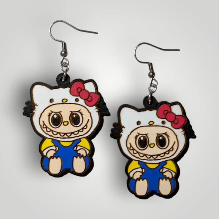 Kitty Labubu Hand Painted Wood Dangle Earrings for wholesale by Moon Child Trinkets