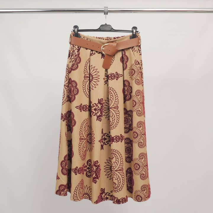 Midi skirt with embossed velvety pattern with belt - TDM52123-37 for wholesale by Cecile Wang