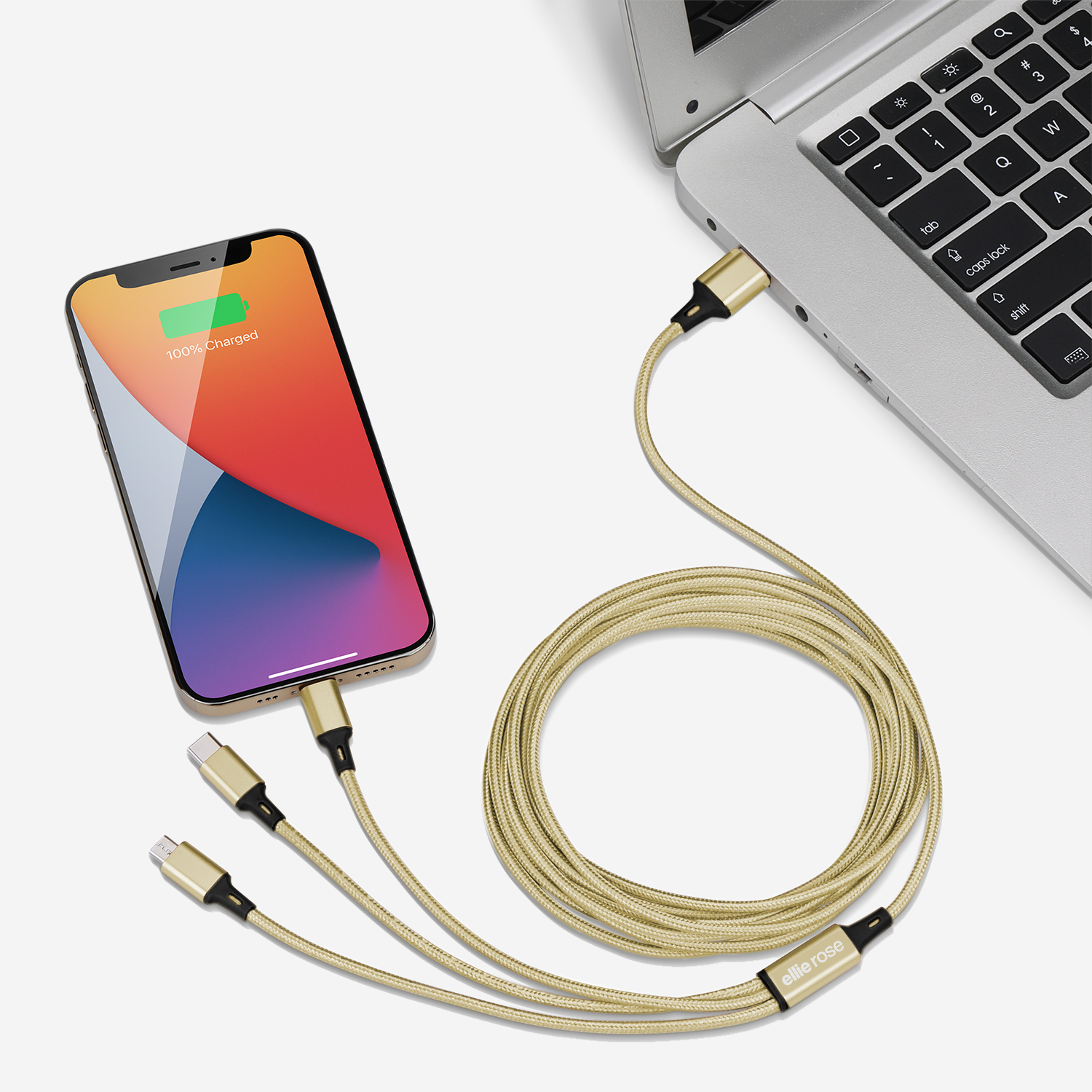 Ellie Rose - Wholesale Charging Cable - 3-in-1 Charging Cable 10 Ft Nylon - Gold (USB A)2