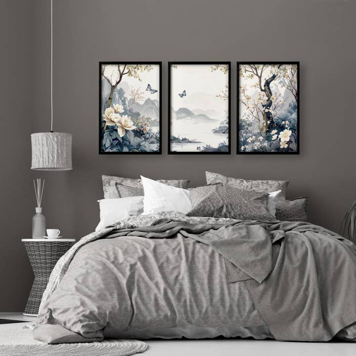 Bedroom Wall Ideas Pictures | Set of 3 Chinoiserie Wall art Prints for wholesale by About Wall Art