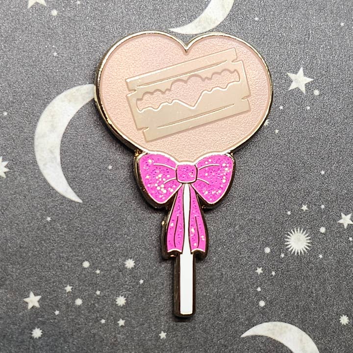 CatHead Pins - Wholesale Lapel Pin/Button - Razor Blade Pastel Pink Heart Lollipop Enamel Pin