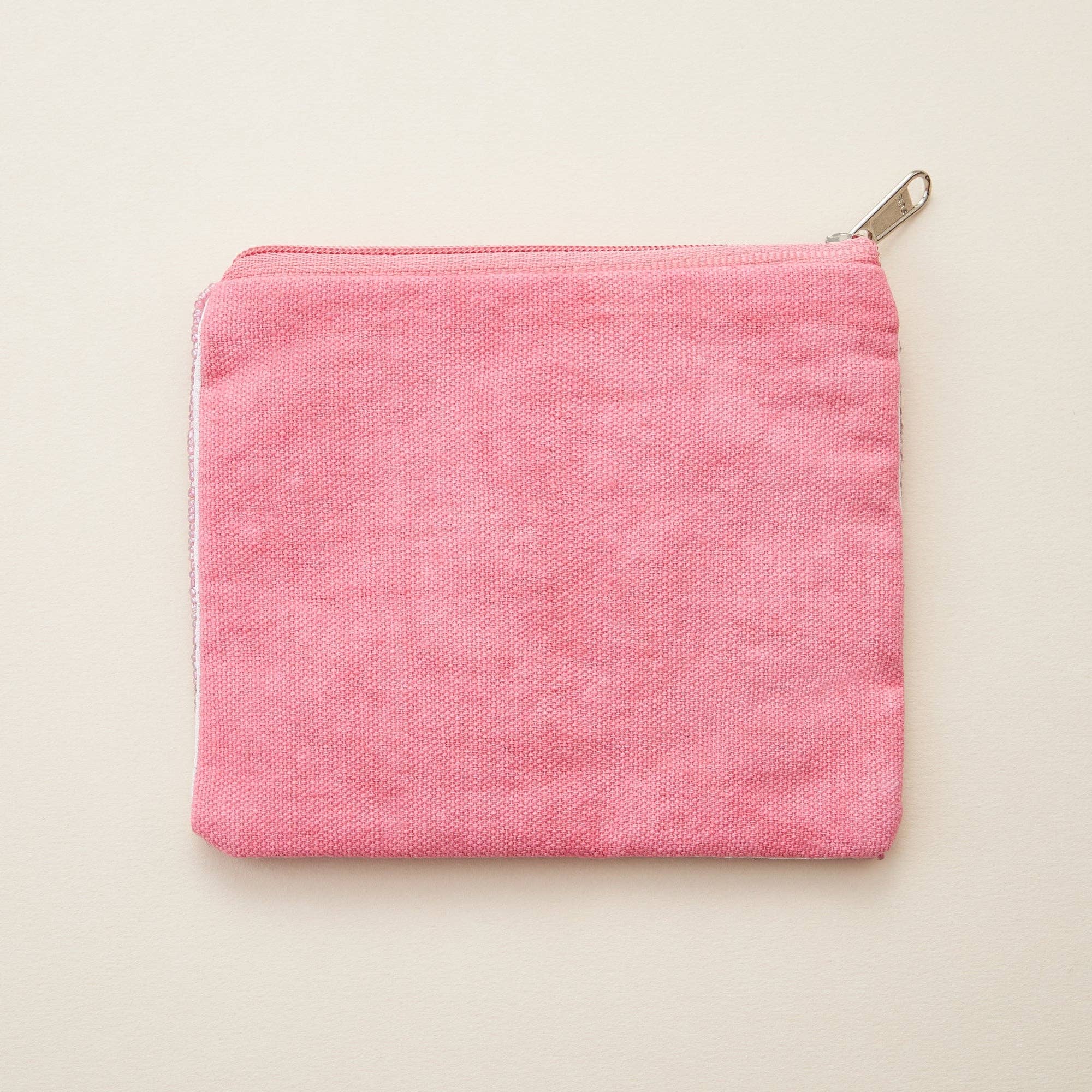 Multi PEACE LOVE CURE Pink Ribbon Seed Bead Canvas Pouch for wholesale on Faire2