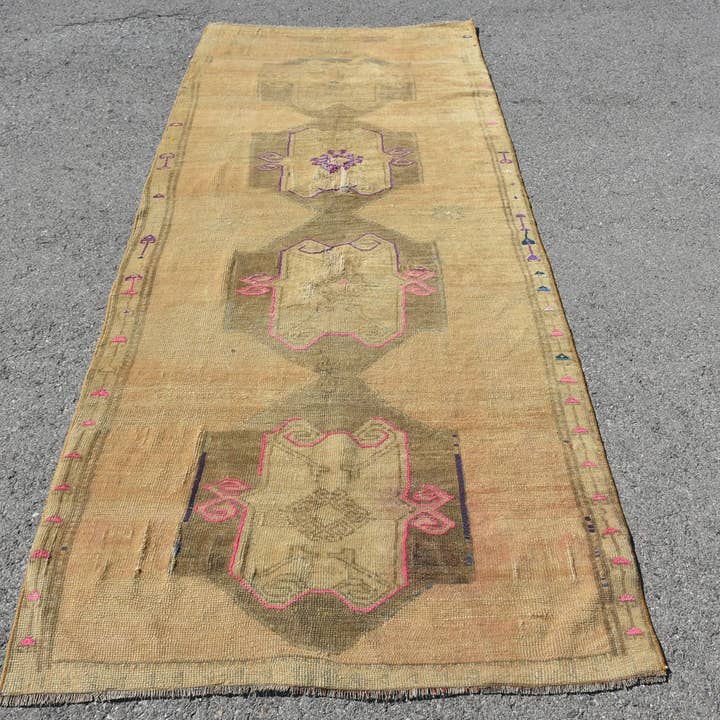 Alfombra geométrica vintage beige hecha a mano, alfombra de área de 3,7x9,1 pies para venta al por mayor de Vintage Rugs Loom
