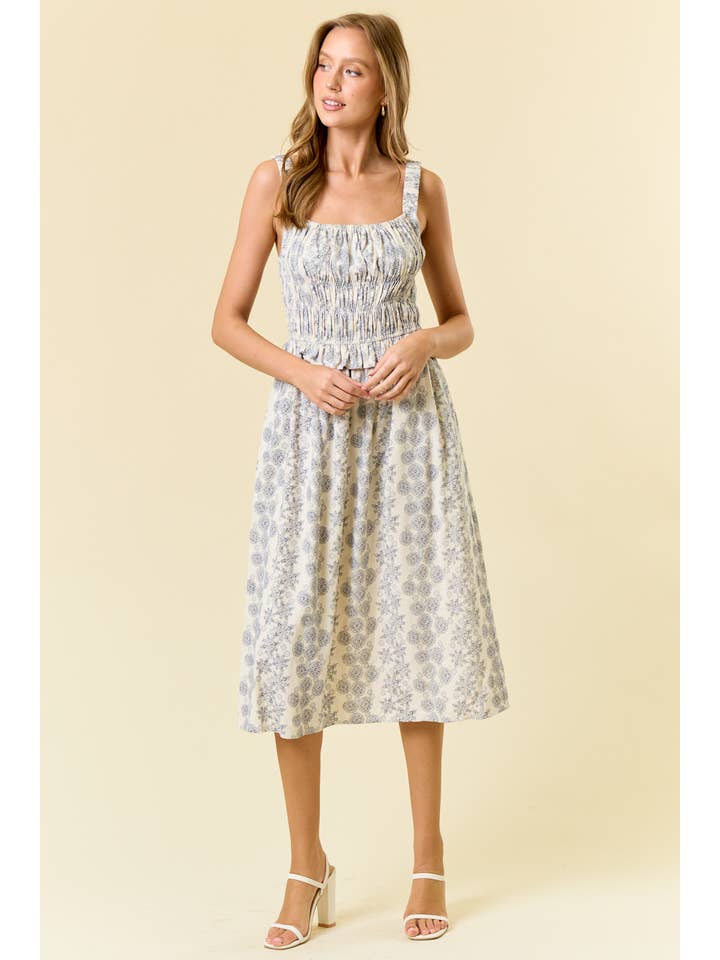 NAVY Linen Blend Square Neck Midi Dress W/ Side Pocket - 27945D for wholesale on Faire