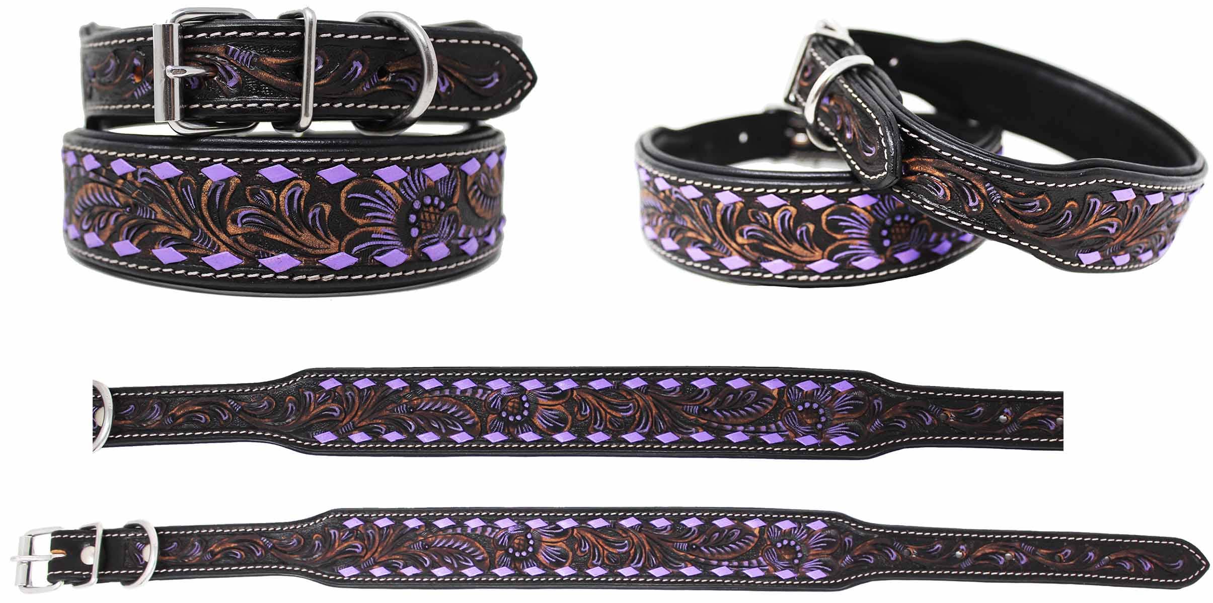 Amish 100% Cow Leather Heavy Duty Padded Floral Tooled Dog Collar Purple 60FK22 for wholesale on Faire0